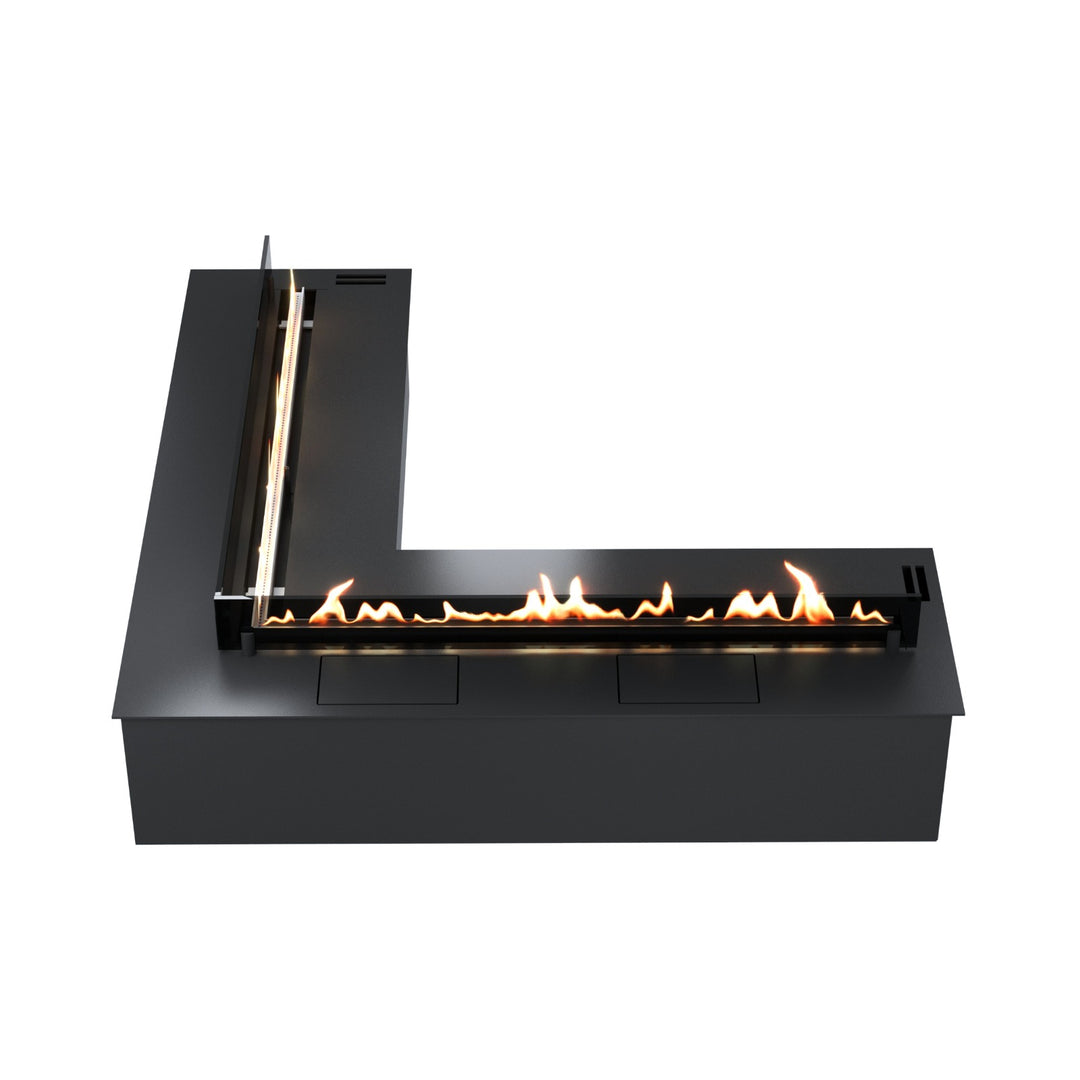 Bioethanol Einbau Brenner Ecke mit Fernbedienung SmartFire Corner von Wild Flame frontal mit Glas