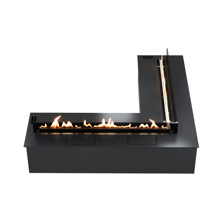 Bioethanol Einbau Brenner Ecke mit Fernbedienung SmartFire Corner von Wild Flame frontal mit Glas gespiegelt