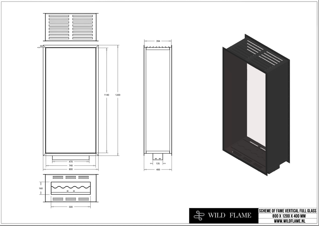 Technische Zeichnung für Bioethanol Einbau Kamin Zweiseitig und Vertikal für Raumteiler mit Vollverglasung Vollglas FAME 80x120cm von Wild Flame