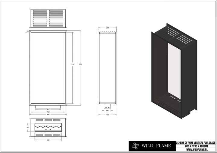 Technische Zeichnung für Bioethanol Einbau Kamin Zweiseitig und Vertikal für Raumteiler mit Vollverglasung Vollglas FAME 80x120cm von Wild Flame